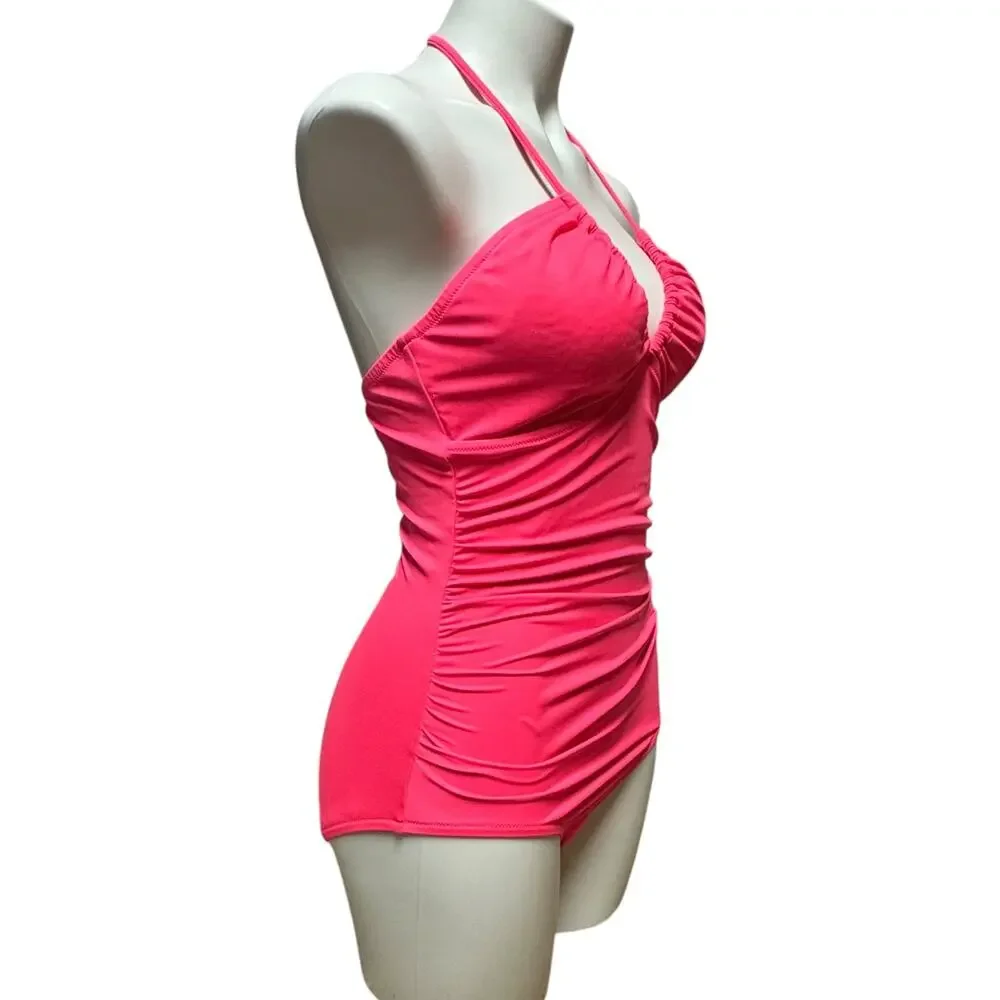 J.Crew Ruched One Piece Halter Swimsuit Hot Pink 8